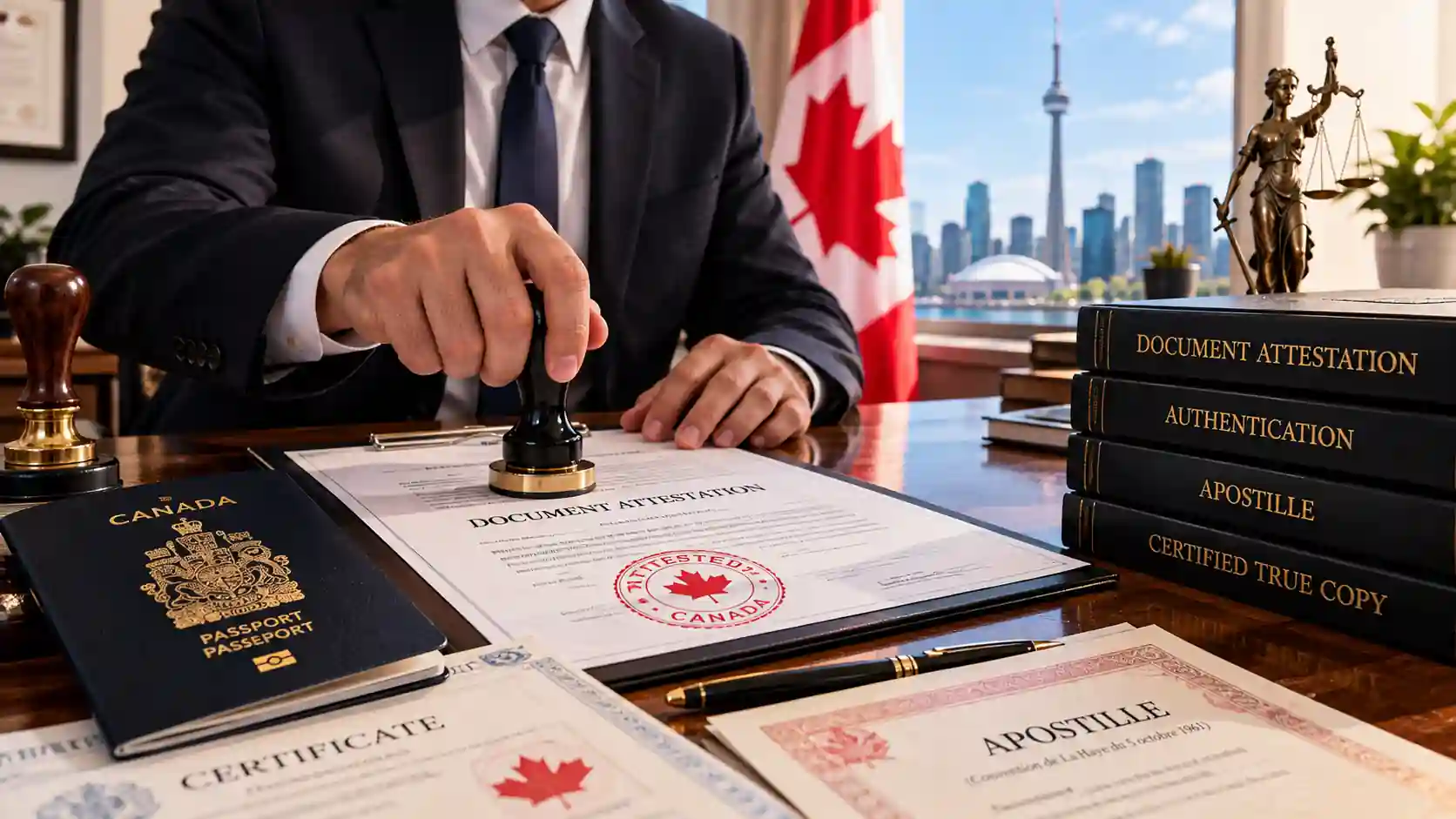 A polished, photorealistic legal office scene representing professional attestation and document authentication services in Canada. A legal professional is stamping an official document on a refined wooden desk surrounded by certificates, a Canadian passport, apostille paperwork, legal folders, and authentication materials. A Canadian flag, Lady Justice statue, and Toronto skyline with the CN Tower appear in the background. The warm natural lighting and premium composition convey trust, professionalism, and attention to detail, making the image suitable for an Attestation Services in Canada | Document Attestation, Authentication & Apostille webpage.