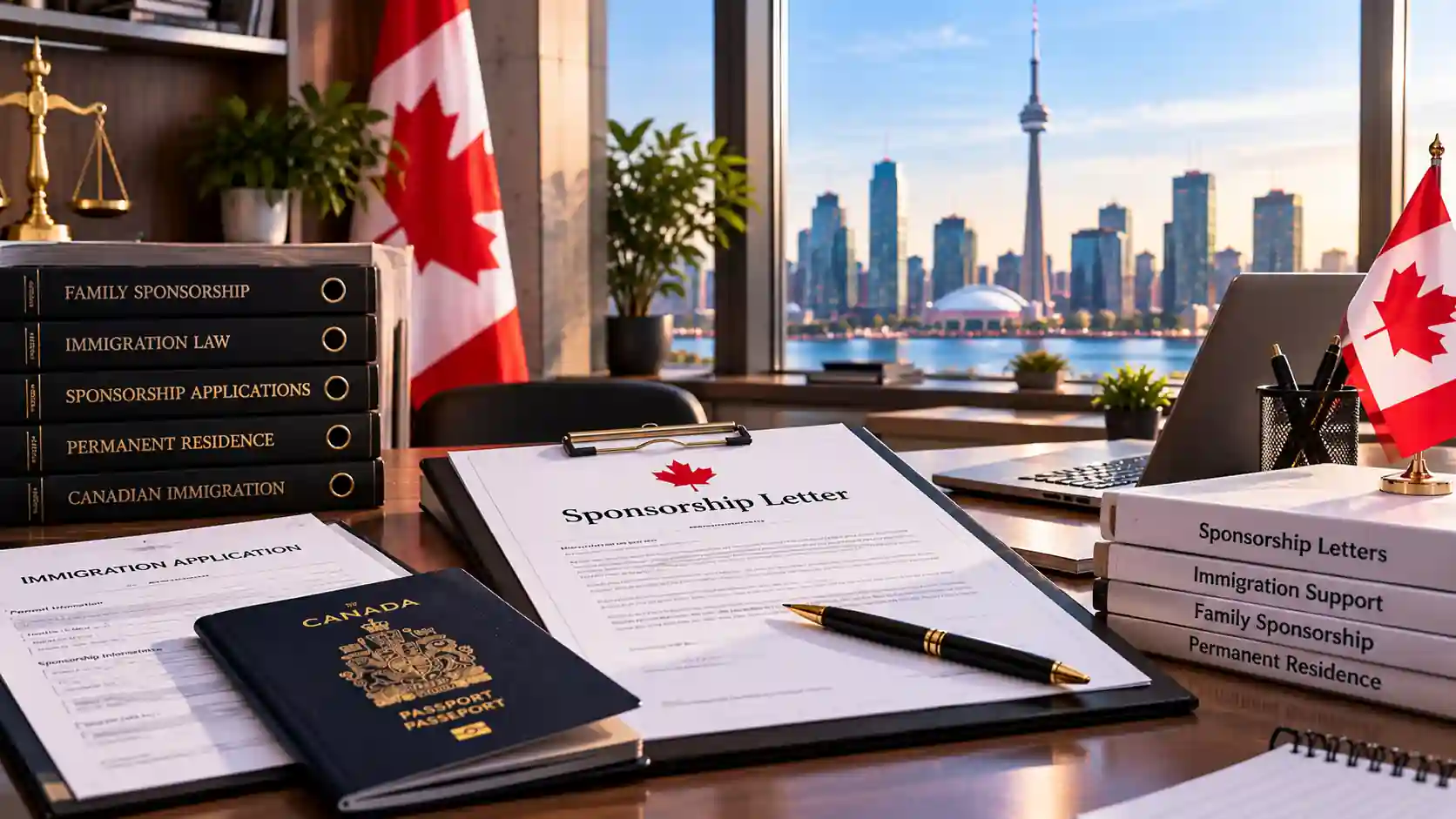 A clean, photorealistic Toronto immigration law office scene focused on sponsorship documentation. A neatly arranged Sponsorship Letter sits prominently on a polished desk alongside a Canadian passport, immigration application forms, legal folders, and a laptop. Canadian flags, immigration law reference binders, and a softly blurred Toronto skyline with the CN Tower create a professional Canadian setting. Warm natural light and refined wood textures convey trust, organization, and professional immigration support, making the image suitable for a Sponsorship Letter Lawyer Toronto | Sponsorship Letters and Immigration Support webpage.