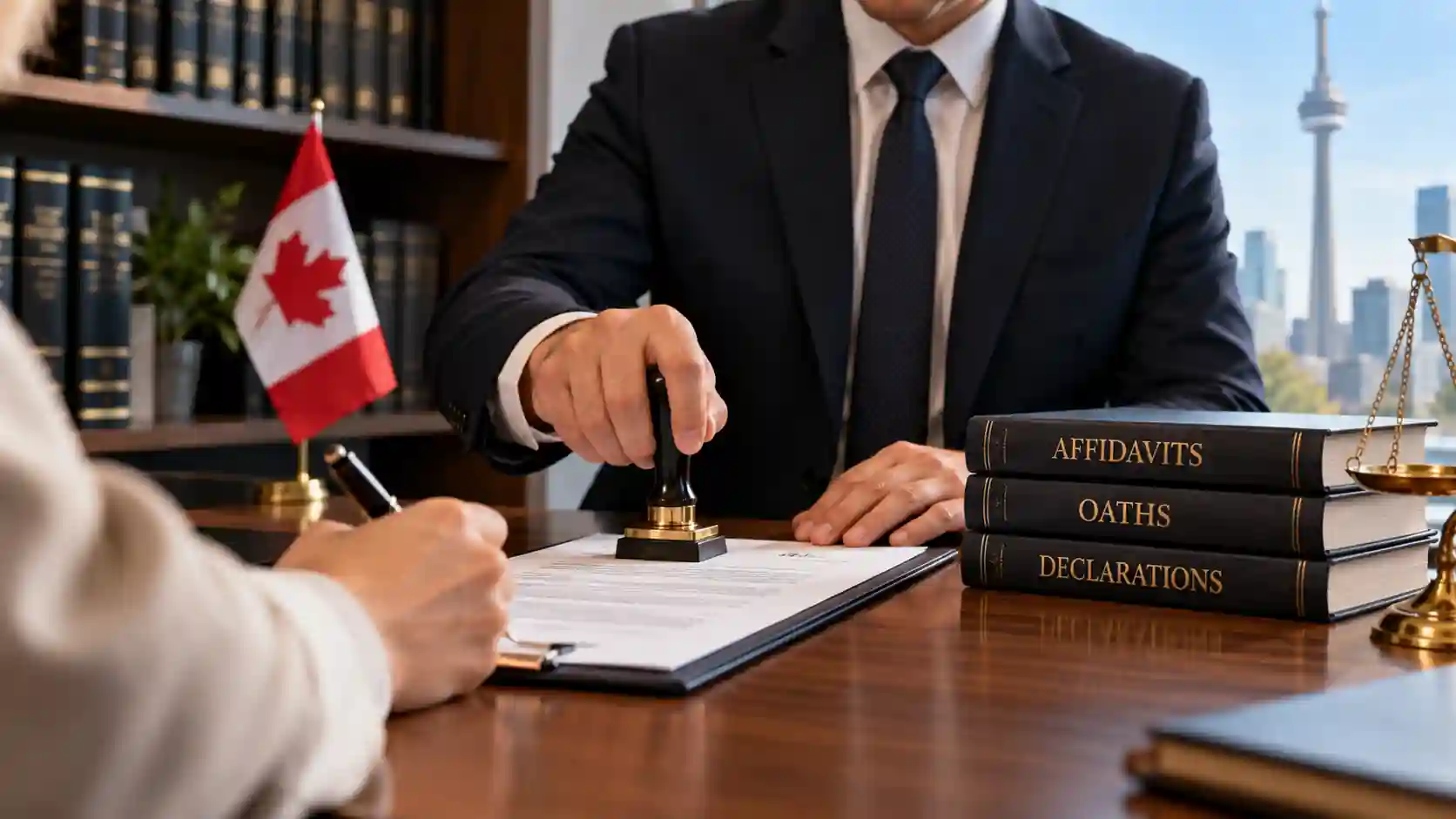 Professional legal office scene illustrating Commissioner of Oaths Services in Ontario, featuring a client signing an affidavit while a commissioner oversees the document. The composition includes legal documents, an official stamp, books representing affidavits, oaths, and declarations, an Ontario flag, and a subtle Toronto skyline in the background. Clean, trustworthy, and professional visual suitable for a Canadian law firm website.
