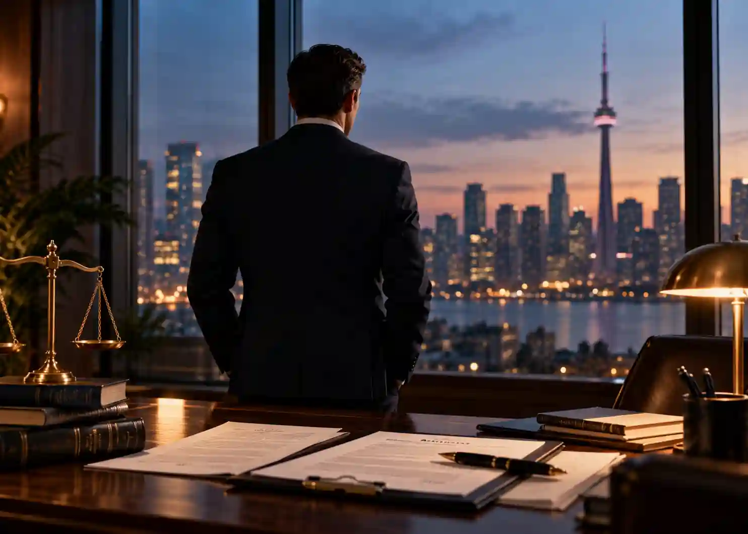 A cinematic, photorealistic scene for a Canadian law firm website showing a man in a dark suit from behind, standing at an office window at dusk and looking over a softly blurred Toronto skyline. Financial and legal documents are spread across a rich dark-wood desk, illuminated by warm antique-gold lamp light. Deep navy shadows, brass accents, shallow depth of field, and subtle film grain create a serious, professional atmosphere that visually represents power of attorney, delegated authority, legal responsibility, and decision-making on another person’s behalf.
