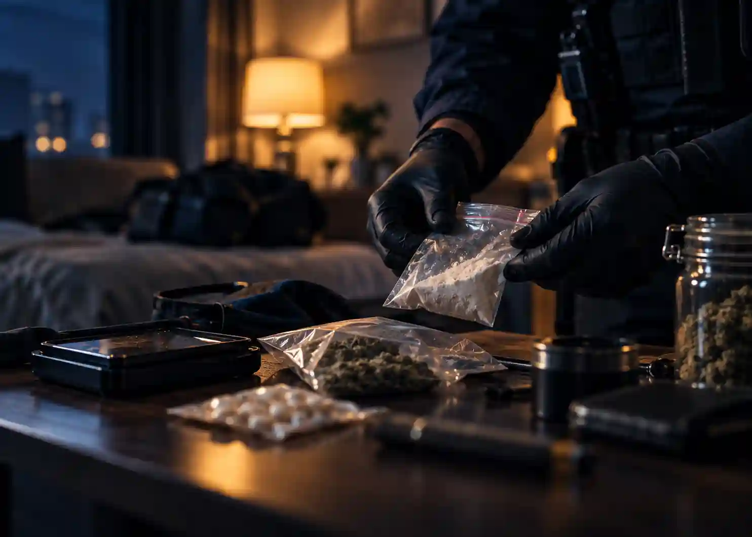 A cinematic, photorealistic evidence scene showing gloved hands carefully handling sealed bags and containers of suspected drugs on a dark wooden table. A digital scale and other evidence items sit nearby, while a softly lit room fades into the background. Deep navy shadows and warm antique-gold lighting create a serious, restrained atmosphere that reflects the legal and evidentiary issues surrounding a drug offence under Canadian law.