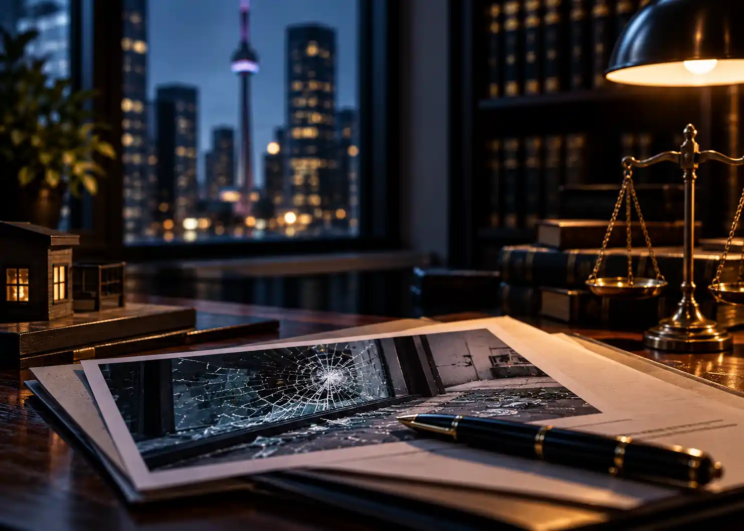A cinematic legal office scene featuring case documents, photographs of damaged property, justice scales, law books, and the Toronto skyline, representing the legal meaning of mischief under Canadian law.