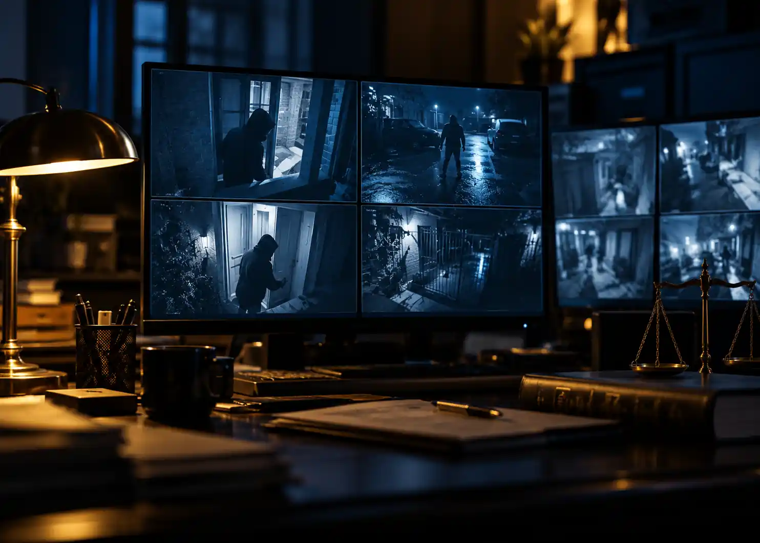 A cinematic security control room with multiple monitors displaying blurred surveillance footage, illustrating the role of evidence and allegations in Canadian criminal law.