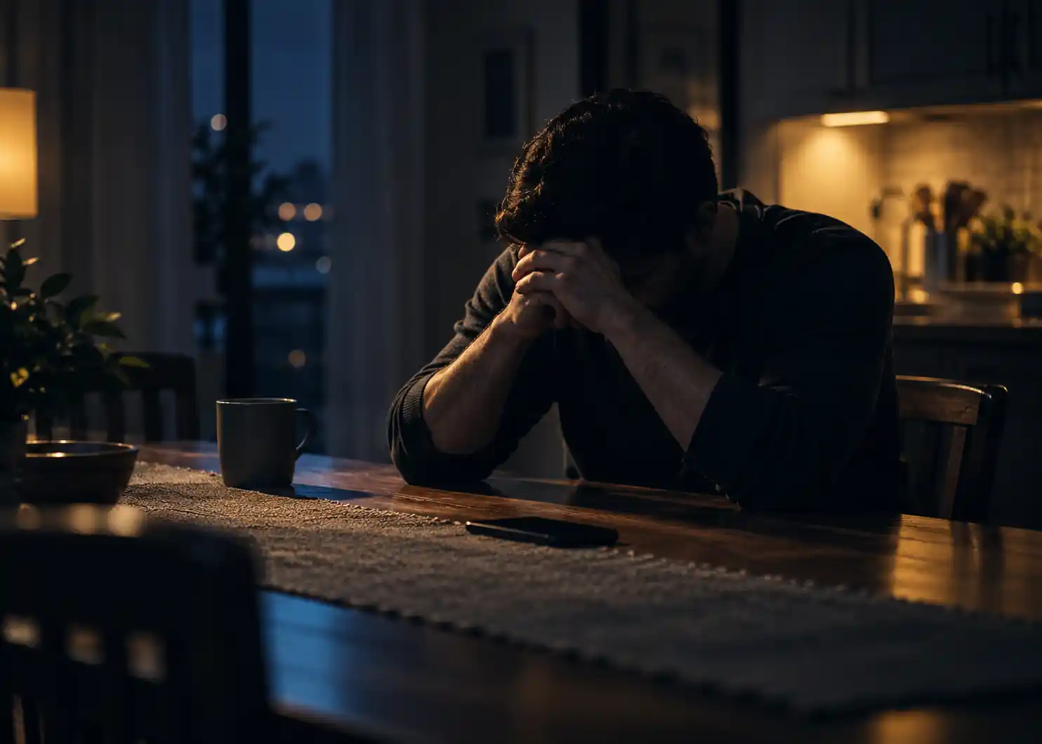 A cinematic, photorealistic nighttime scene showing a man sitting alone at a dark wooden kitchen table, his head lowered and face completely hidden in shadow while his hands are clasped in front of him. A phone lies face-down on the table, reinforcing the sense of a serious and troubling situation. Cool navy shadows contrast with subtle antique-gold lighting from the kitchen, creating a restrained, professional atmosphere suitable for a Canadian criminal defence law firm.