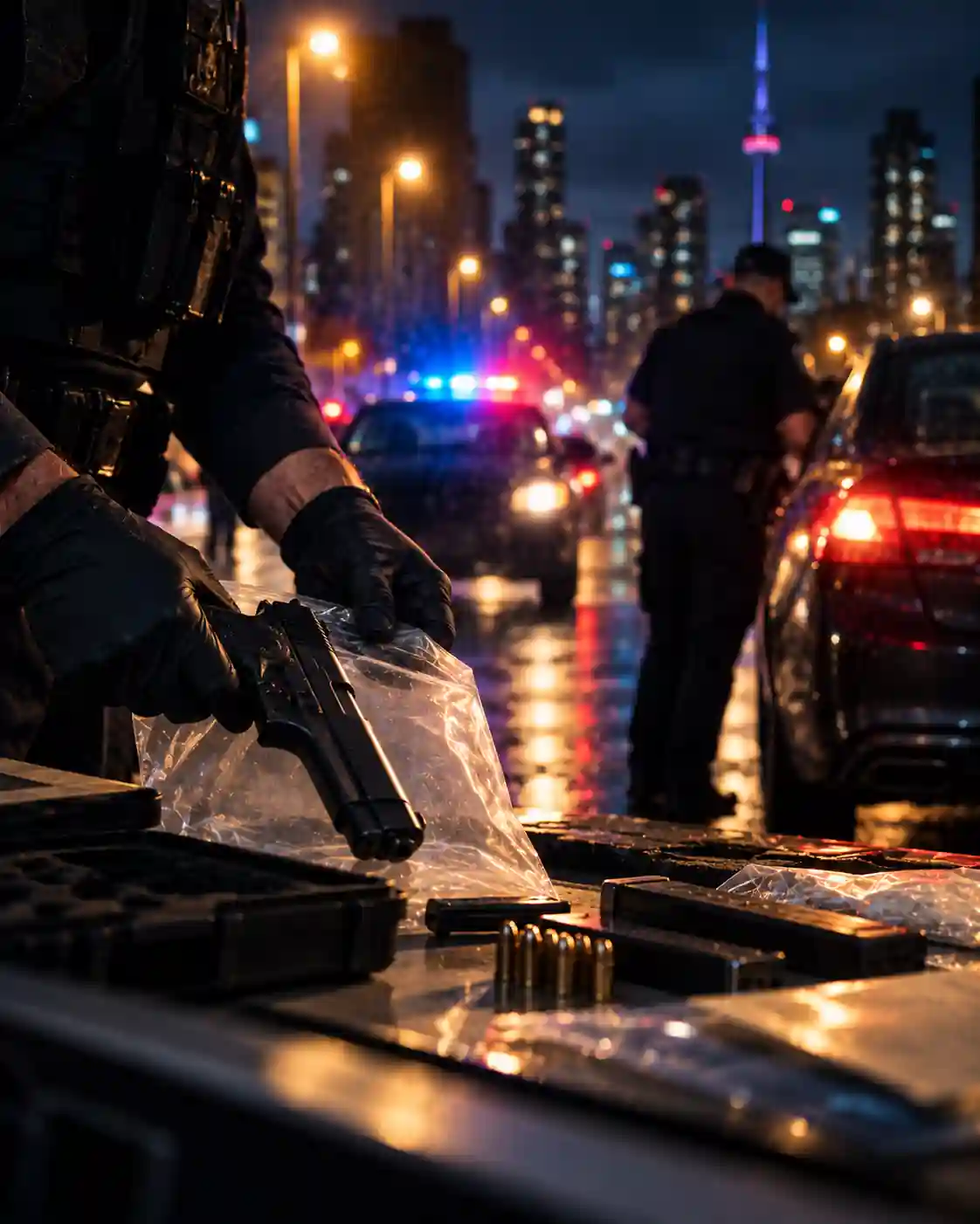 A cinematic, photorealistic nighttime crime-scene photograph representing the seriousness of firearm and weapons charges. An officer carefully handles a firearm as evidence beside ammunition and an evidence case, while a police vehicle and blurred figures appear in the background. Red and blue emergency lights reflect across the wet street, with warm city lights and a Toronto-style skyline adding depth. The dark navy and warm-gold tones create a serious, professional visual suited to a Firearms and Weapons Lawyer Toronto | Defence for Firearm Charges landing page.
