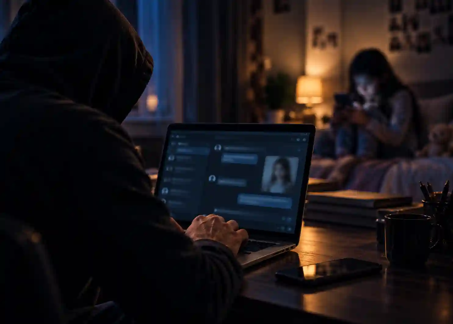 A cinematic, photorealistic nighttime scene illustrating the seriousness of a child luring allegation. An adult figure sits anonymously at a laptop, viewed from behind and concealed in shadow, while a young person in the softly blurred background uses a smartphone. Cool navy tones, warm lamp light, shallow depth of field, and a restrained atmosphere create a serious visual suitable for a Canadian criminal defence law firm explaining child luring under Canadian law.