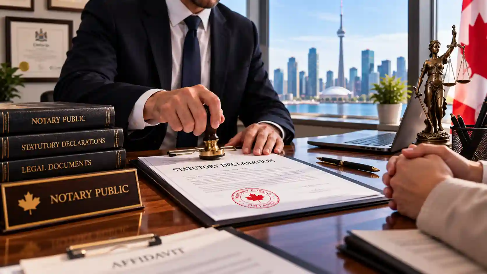 A professional, photorealistic Toronto notary office scene focused on statutory declaration services. A legal professional is formally stamping a Statutory Declaration document while a client sits across the desk. Legal books, a notary seal, affidavit documents, certificates, and a Notary Public plaque reinforce the document-services context. The Toronto skyline and CN Tower appear through the window, with warm natural lighting and polished wood creating a trustworthy, premium legal atmosphere suitable for a Statutory Declaration Services in Toronto | Notary & Declaration Assistance webpage.