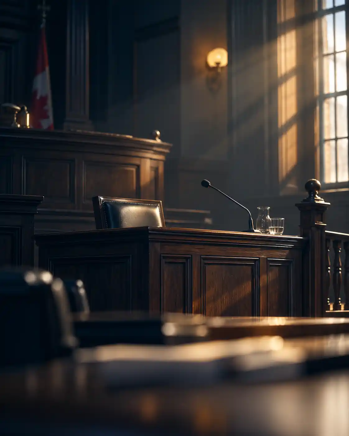 A moody, photorealistic courtroom interior featuring an empty witness stand surrounded by rich dark wood, illuminated by a single warm beam of light filtering through tall windows. Deep navy shadows, antique-gold highlights, brass details, and floating dust create a serious, cinematic atmosphere that conveys the gravity and uncertainty of facing a criminal harassment allegation.            Is this conversation helpful so far?