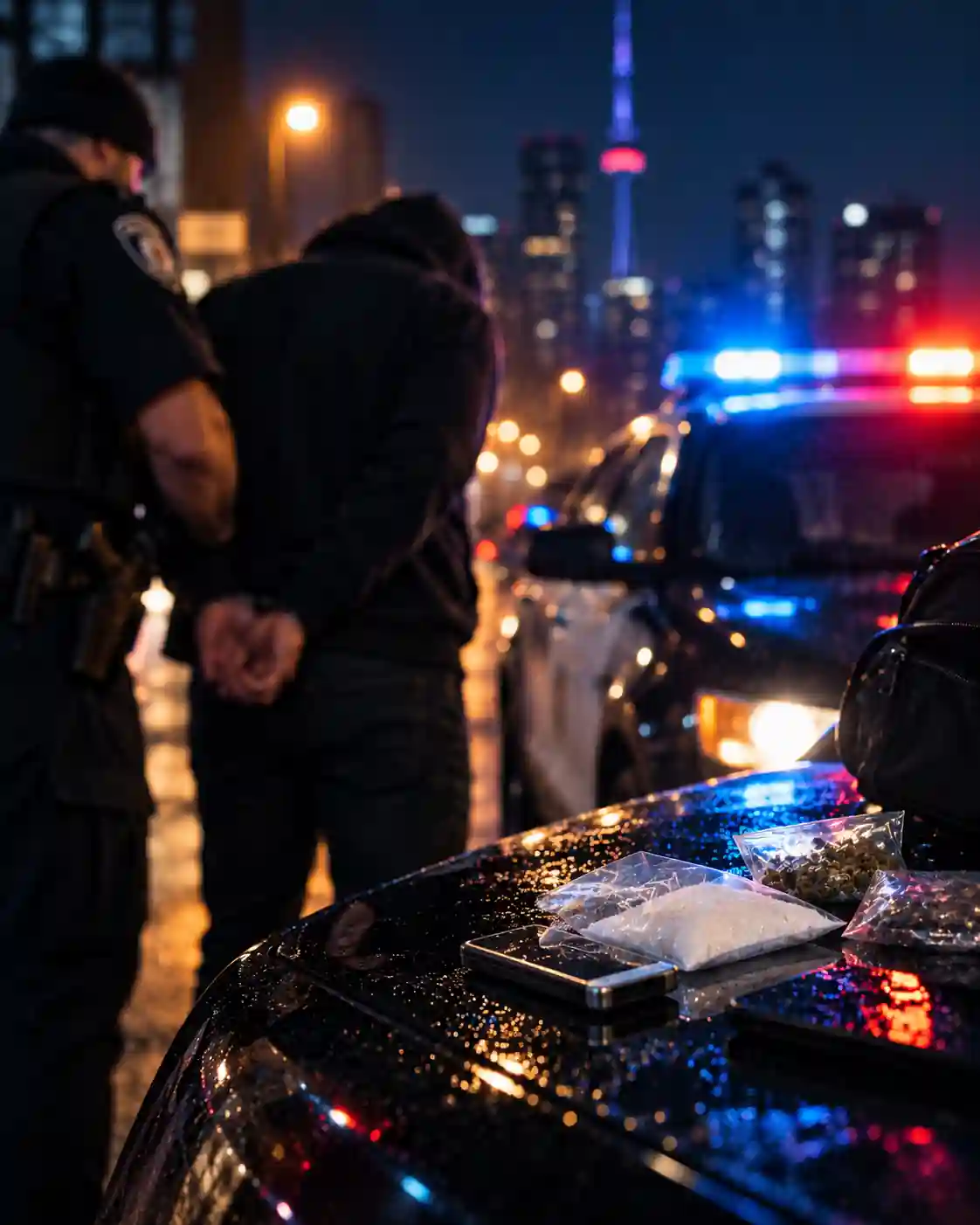 A cinematic, photorealistic nighttime scene representing the seriousness of drug-related criminal charges. A rain-covered vehicle is illuminated by blurred red and blue police lights, while indistinct figures and a police vehicle create the impression of an ongoing investigation. Evidence-style items on the car, including sealed bags, a digital scale, and a phone, reinforce the legal context without showing identifiable faces. The Toronto skyline and moody navy-and-gold lighting give the image a premium, serious appearance suitable for a Drug Offence Lawyer Toronto | Defence for Drug Charges landing page.
