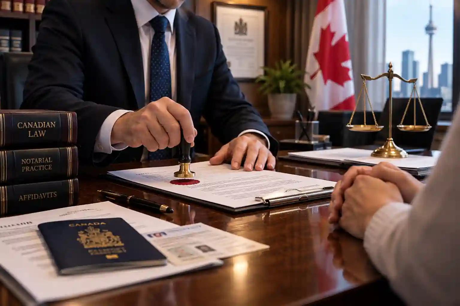 A cinematic, photorealistic Canadian legal office scene showing a lawyer or notary formally attesting an official document with a traditional seal. A client sits across the polished wooden desk, with legal documents, a Canadian passport, law books, scales of justice, and a Canadian flag visible in the background. Warm antique-gold lighting and deep navy shadows create a professional, trustworthy atmosphere suited to explaining attestation under Canadian law.