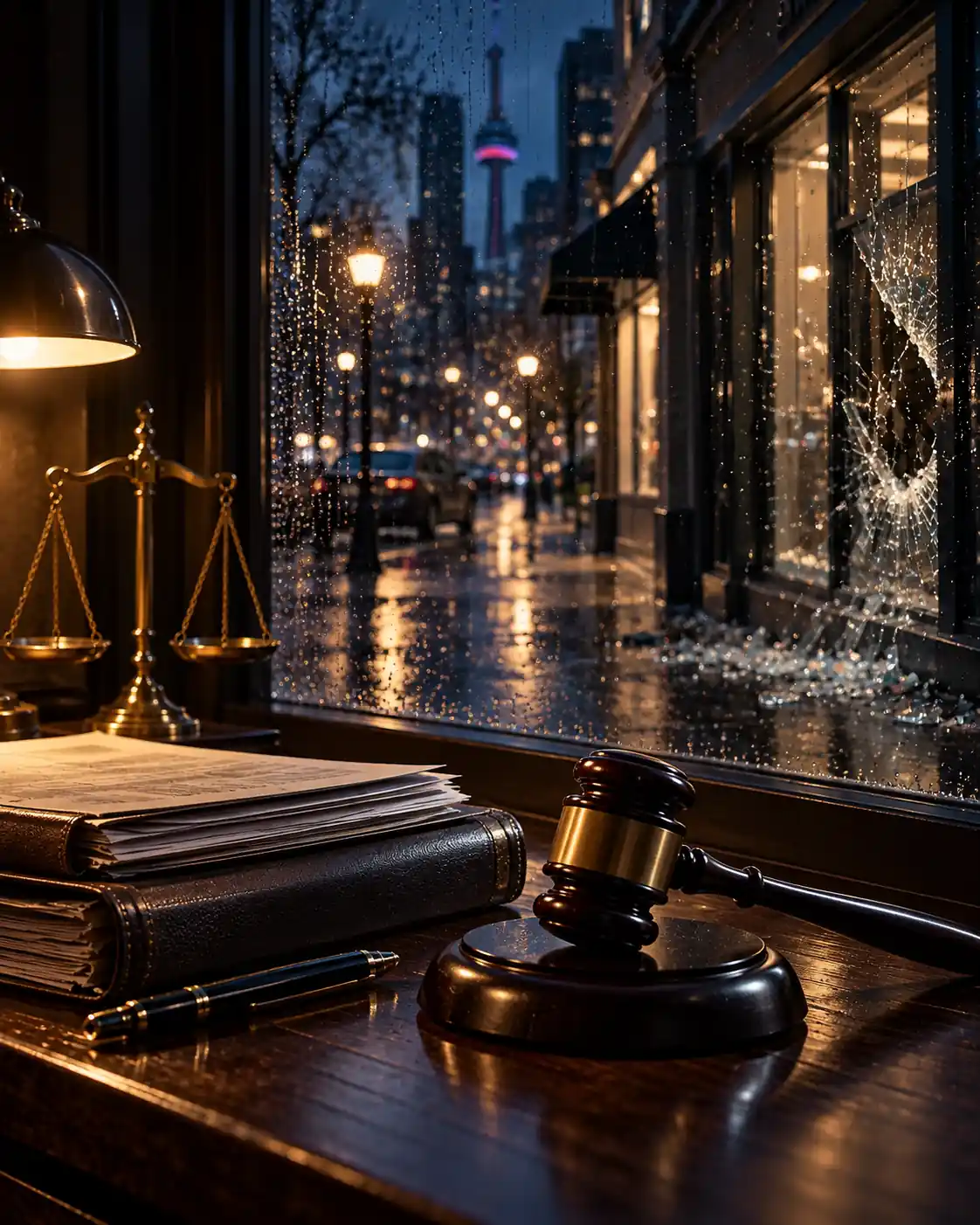 A cinematic nighttime legal scene showing a rain-streaked Toronto city street through a window, with a judge’s gavel, criminal case files, and scales of justice in the foreground. The dark navy tones and warm antique-gold lighting create a serious atmosphere representing the legal consequences of a mischief charge and the need for criminal defence.