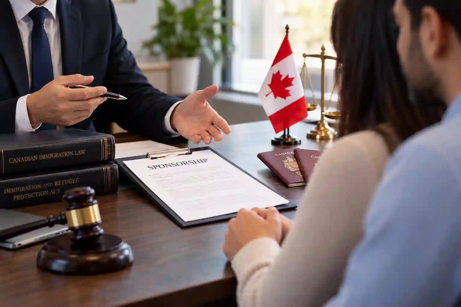 A professional Canadian immigration law consultation showing a lawyer explaining sponsorship documents to clients. Canadian passports, immigration law books, a sponsorship application, Canadian flag, and legal scales create a clear legal and immigration context. The warm office setting communicates trust, guidance, and the legal responsibilities involved in family or immigration sponsorship.