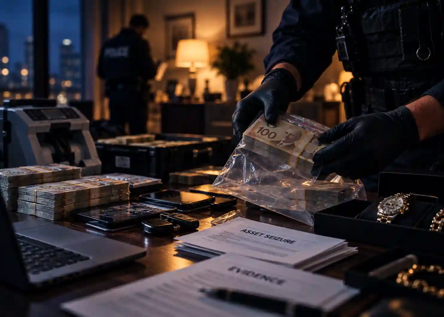 A cinematic, photorealistic asset-seizure scene showing gloved hands placing Canadian currency into a clear evidence bag on a dark wooden table. Cash, electronic devices, jewelry, documents, and evidence containers surround the scene, while a blurred investigator works in the background. Deep navy shadows and warm antique-gold lighting create a serious, restrained atmosphere suitable for a Canadian criminal defence law firm explaining proceeds of crime under Canadian law.