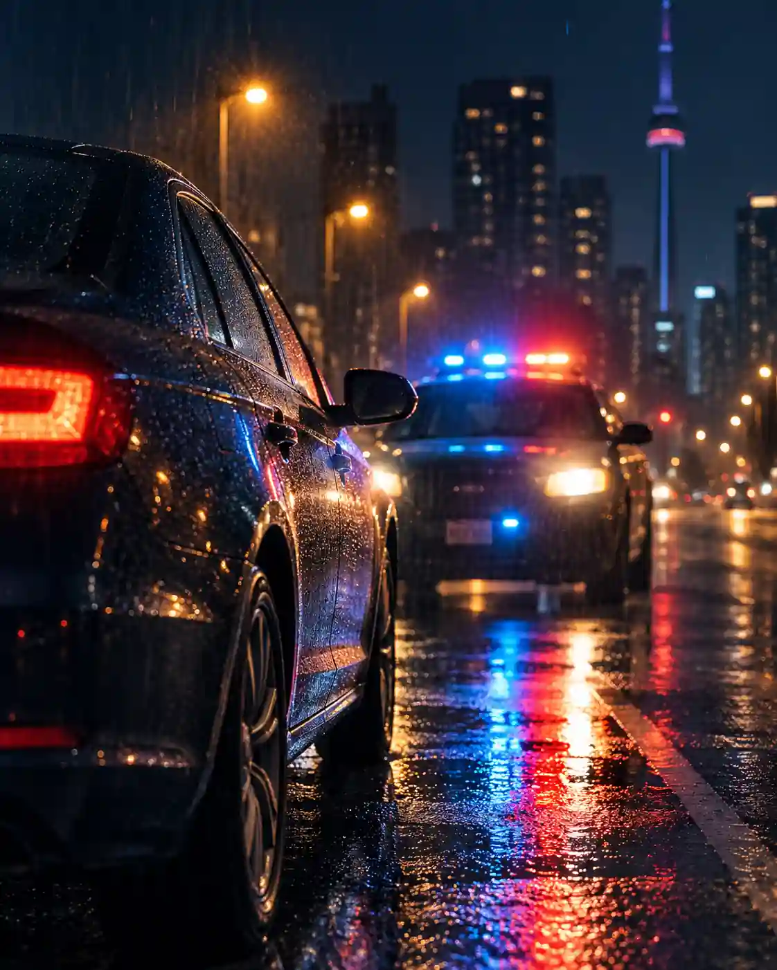 A photorealistic, cinematic nighttime scene showing a dark car stopped on a rain-soaked Toronto city road. Out-of-focus red and blue police lights reflect dramatically across the wet asphalt and the vehicle’s rain-covered body, while warm streetlights add subtle antique-gold highlights. The blurred Toronto skyline in the background reinforces the local setting. The serious, moody composition visually communicates the uncertainty and potential consequences associated with an impaired driving charge.