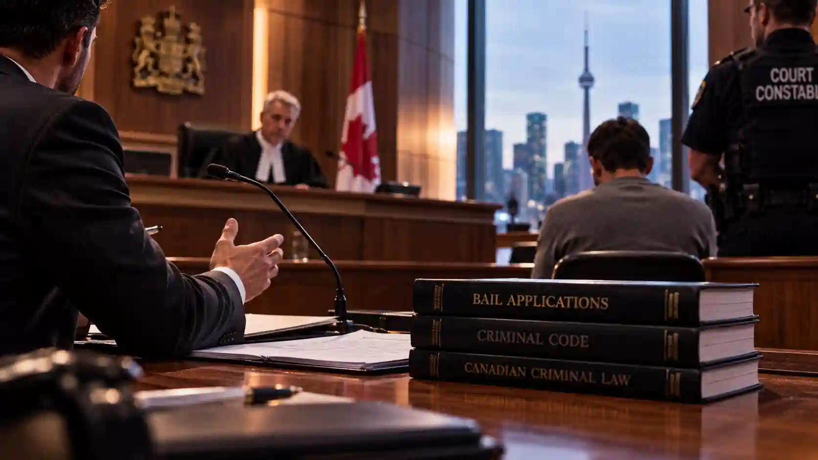 A photorealistic cinematic courtroom scene representing a Canadian bail hearing in Toronto. A criminal defence lawyer sits at the counsel table with legal documents in the foreground, while a judge and court official appear in the background. Warm wood tones, soft natural window light, and the Toronto skyline with the CN Tower create a professional and serious atmosphere. The composition visually communicates legal representation, bail applications, and the importance of timely criminal defence.