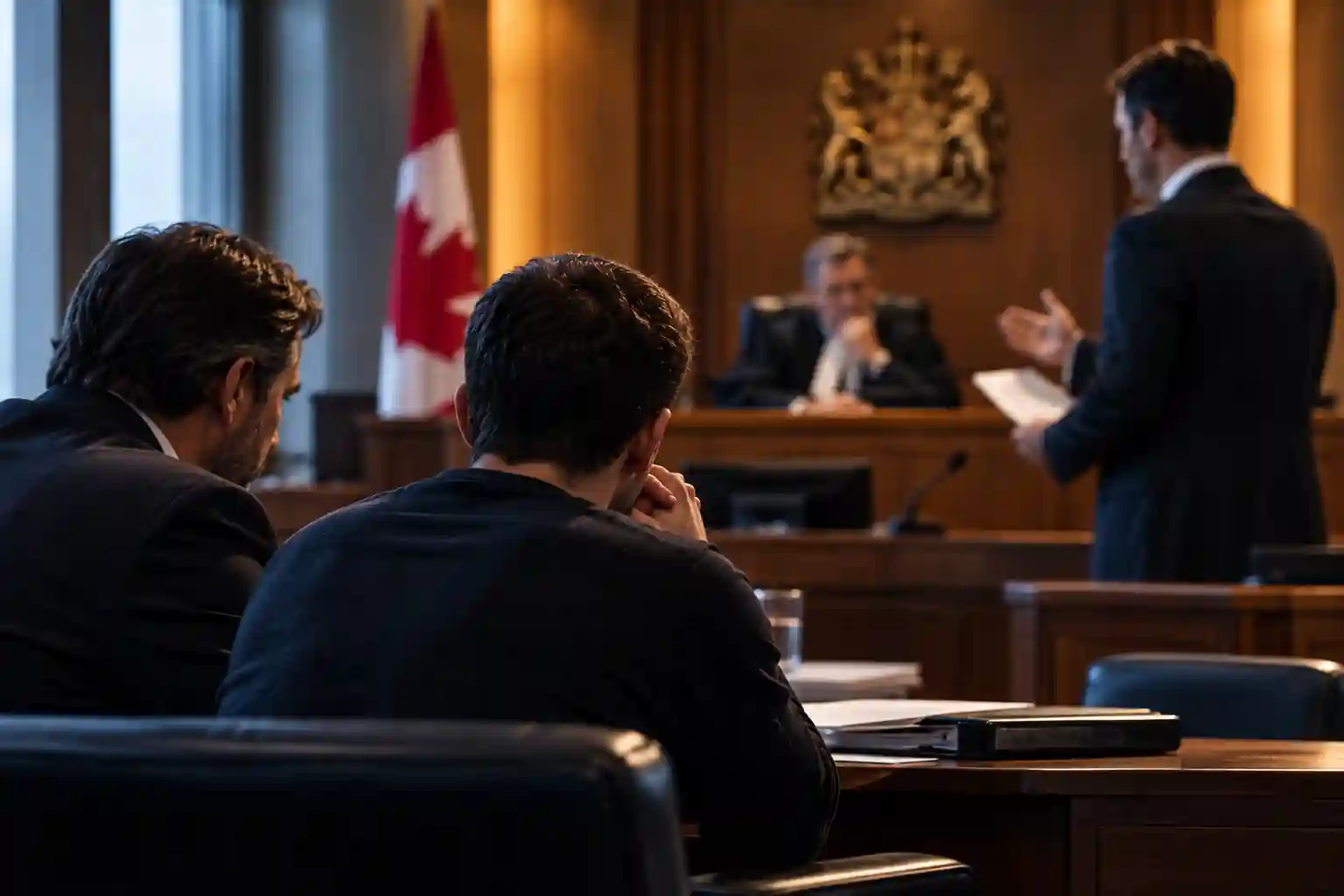 A cinematic, photorealistic Canadian courtroom scene depicting the seriousness of a bail hearing. A person sits quietly beside their lawyer in the foreground while counsel addresses the judge from across the courtroom. Rich dark wood, legal documents, microphones, warm courtroom lighting, and a Canadian flag create an authentic judicial setting, with shallow depth of field and subdued navy and warm-gold tones conveying a professional and serious atmosphere.