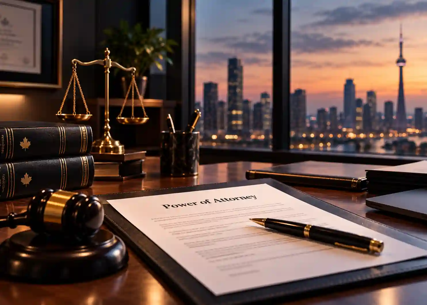 A premium, photorealistic law-office still life illustrating a Power of Attorney under Canadian law. A formal legal document rests on a dark wooden desk beside a black-and-gold pen, gavel, brass scales of justice, leather folders, and Canadian legal books. Warm interior lighting contrasts with cool dusk tones from a softly blurred city skyline through the office windows, creating a serious, professional atmosphere appropriate for a Canadian law firm website.