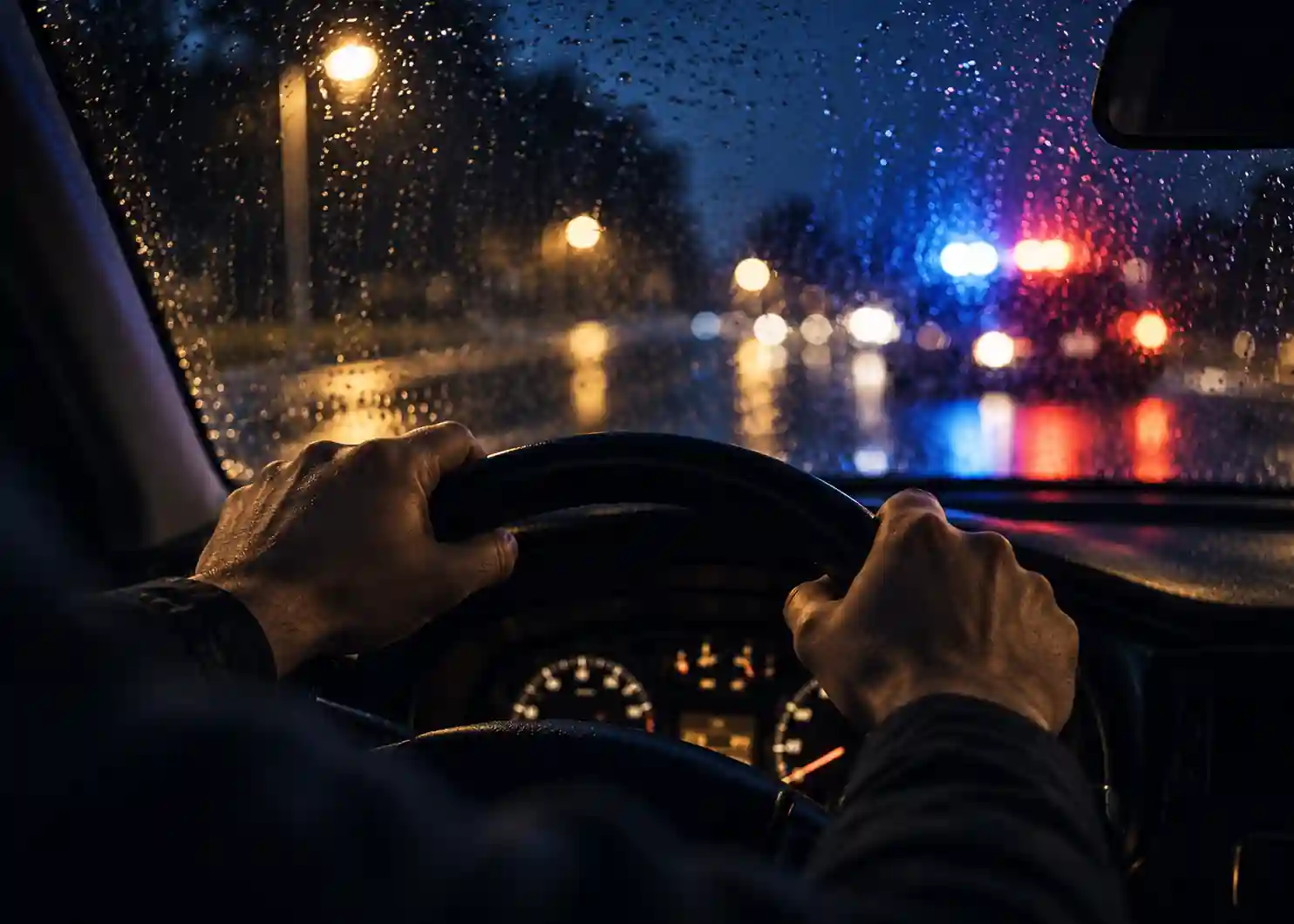A cinematic, photorealistic nighttime view from inside a car, showing a driver’s hands resting firmly on the steering wheel while rain covers the windshield. Soft amber dashboard lighting illuminates the interior, while blurred red and blue police lights reflect across the wet road outside. The driver’s face remains completely out of view, creating a serious and restrained atmosphere appropriate for a Canadian criminal defence law firm and an impaired driving legal page.