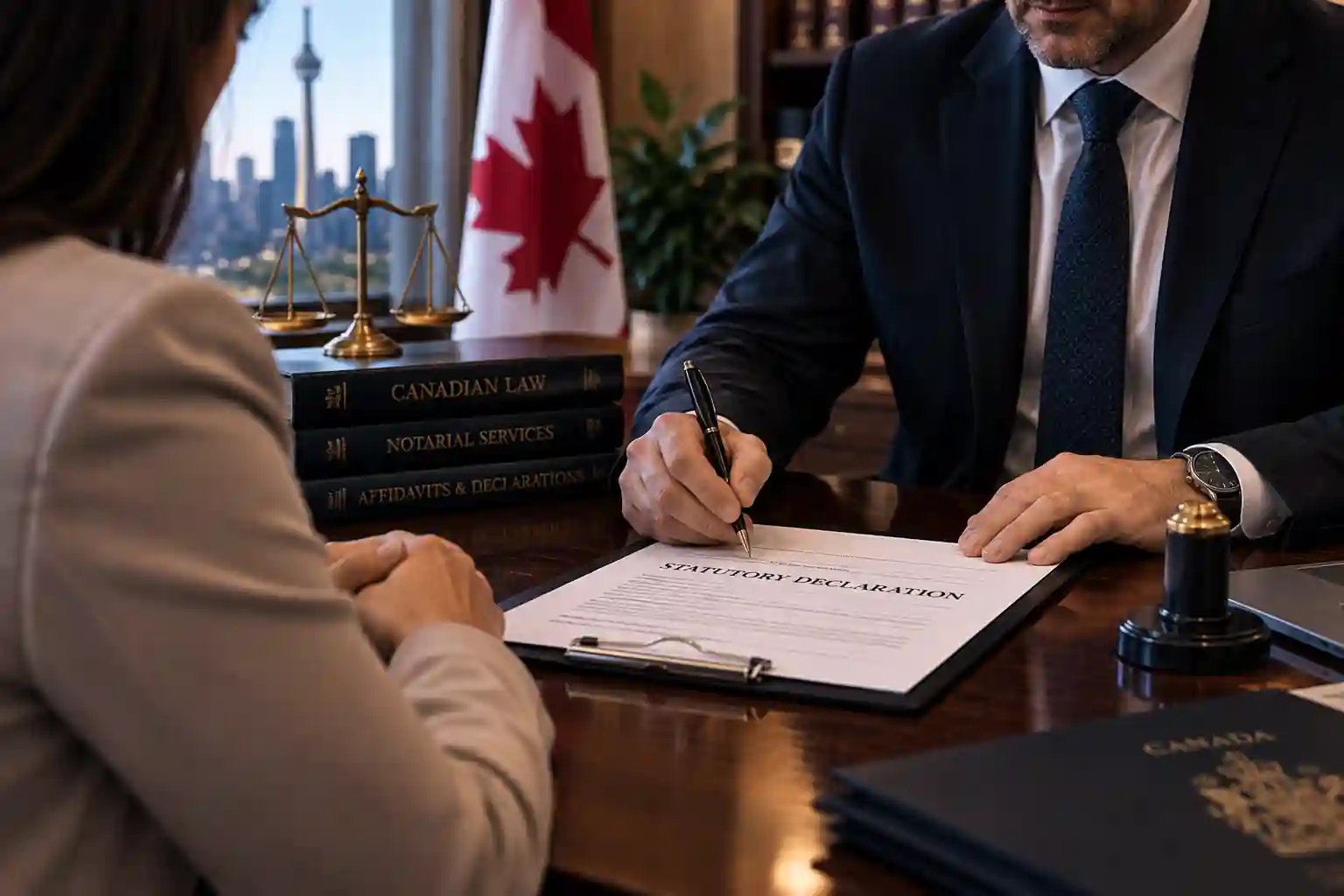 A cinematic, photorealistic legal office scene showing a person formally signing a statutory declaration before a legal professional. The document rests on a polished dark-wood desk alongside a notarial seal, pen, legal folders, and Canadian legal materials. A Canadian flag, scales of justice, law books, and a softly blurred Toronto-style skyline in the background reinforce the Canadian legal setting. Warm antique-gold lighting and deep navy shadows create a professional, serious, and trustworthy atmosphere.