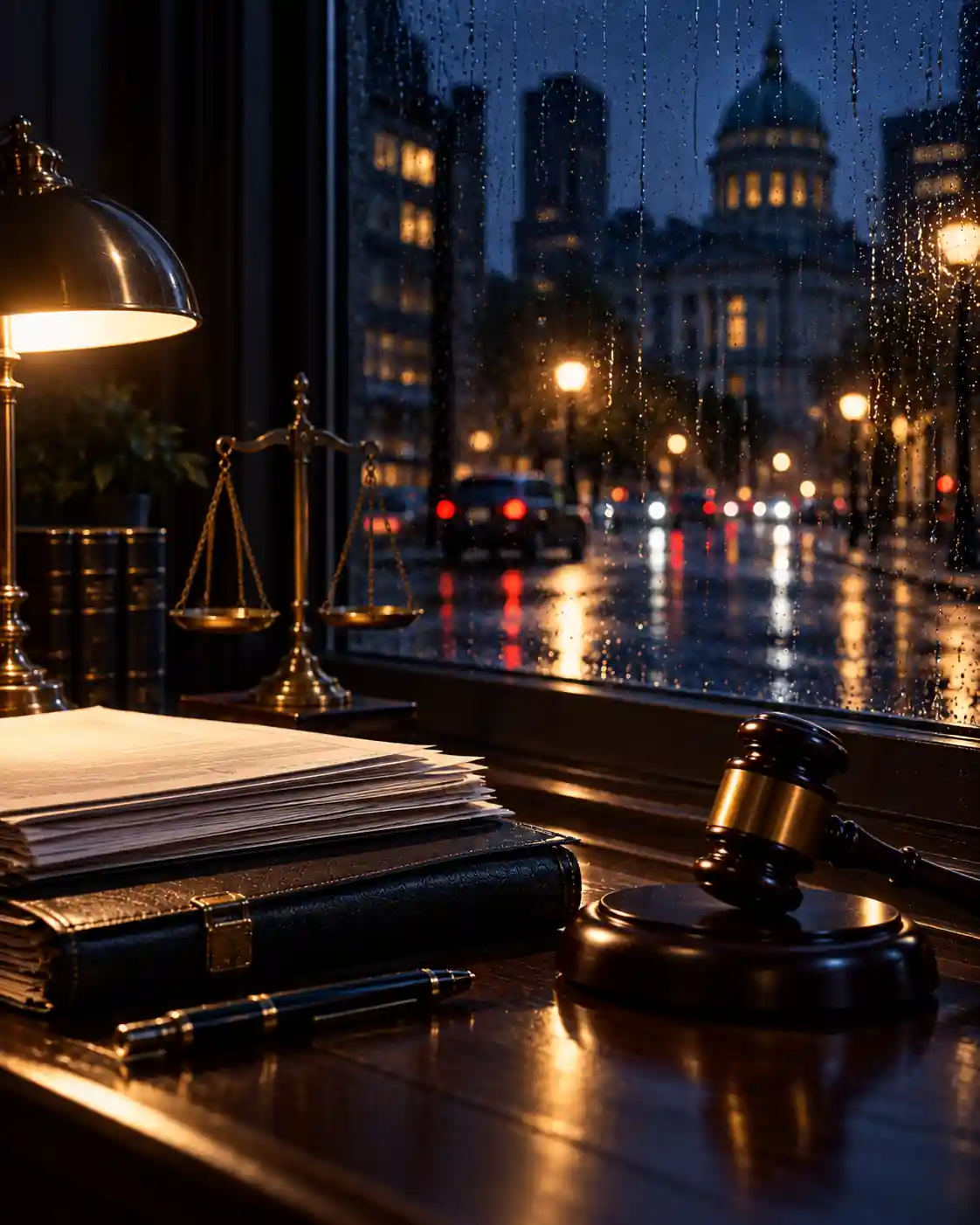 A cinematic legal scene featuring criminal case files, a judge’s gavel, and scales of justice beside a rain-streaked window overlooking a Canadian city at night.