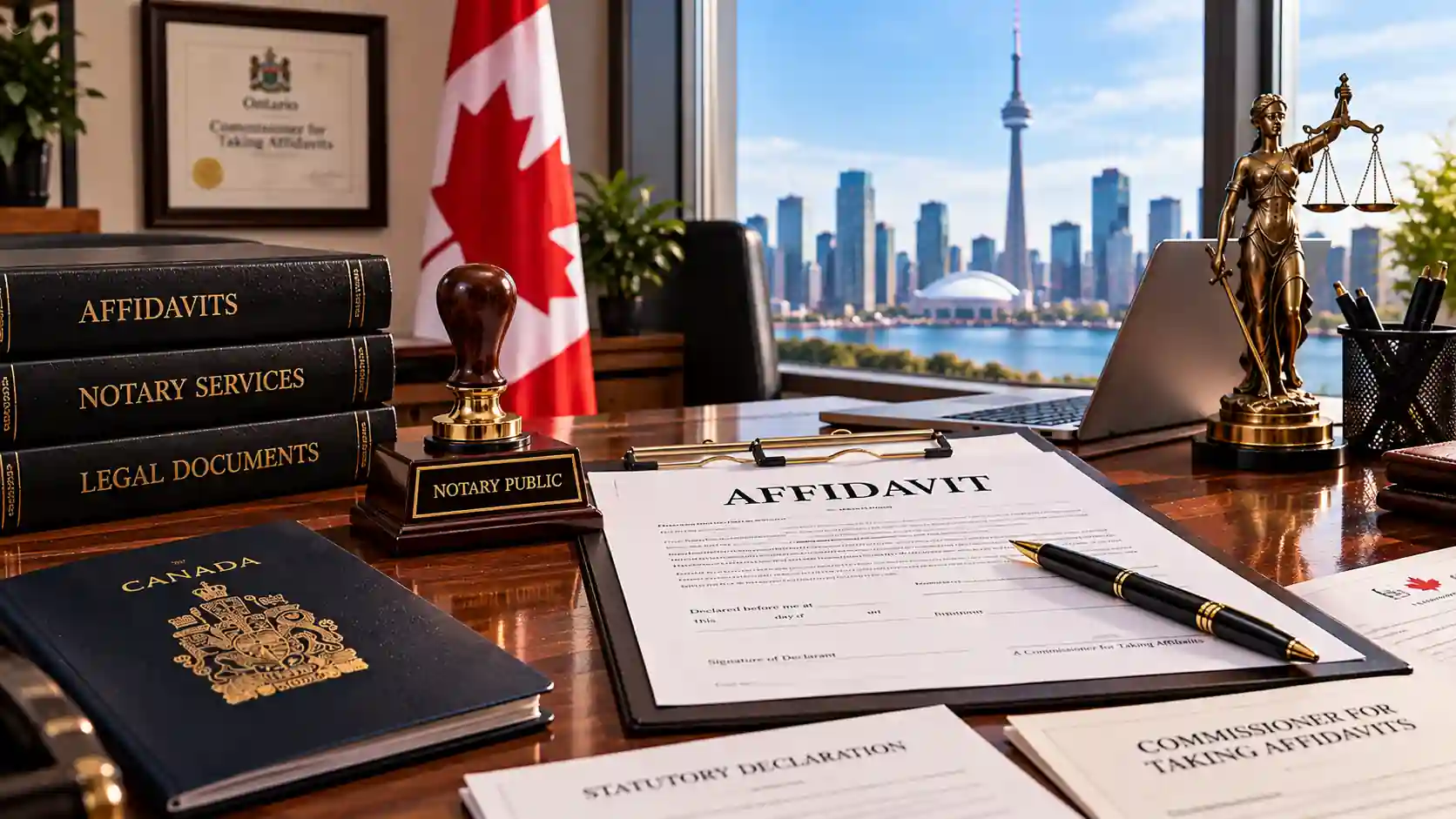 A professional, photorealistic Toronto legal office scene centered on affidavit preparation and notary services. A completed Affidavit document rests prominently on a polished wooden desk beside a notary seal, pen, Canadian passport, statutory declaration paperwork, and legal reference books, while a Canadian flag, Lady Justice statue, and Ontario commissioning certificate reinforce the legal setting. The Toronto skyline and CN Tower are visible through the window, with warm natural lighting creating a trustworthy and formal atmosphere suitable for an Affidavit Lawyer Toronto | Affidavit Preparation, Swearing & Notary Services webpage.