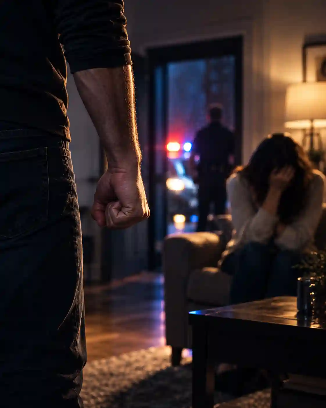 A cinematic, photorealistic interior scene representing the seriousness of a domestic assault allegation. The foreground shows a tense figure standing in shadow, while a distressed person sits blurred in the background. Through the open doorway, soft red and blue emergency lights suggest police involvement without showing identifiable faces. Warm interior lighting contrasts with cool nighttime tones, creating a serious, restrained visual appropriate for a Domestic Assault Lawyer Toronto | Domestic Violence Defence page.
