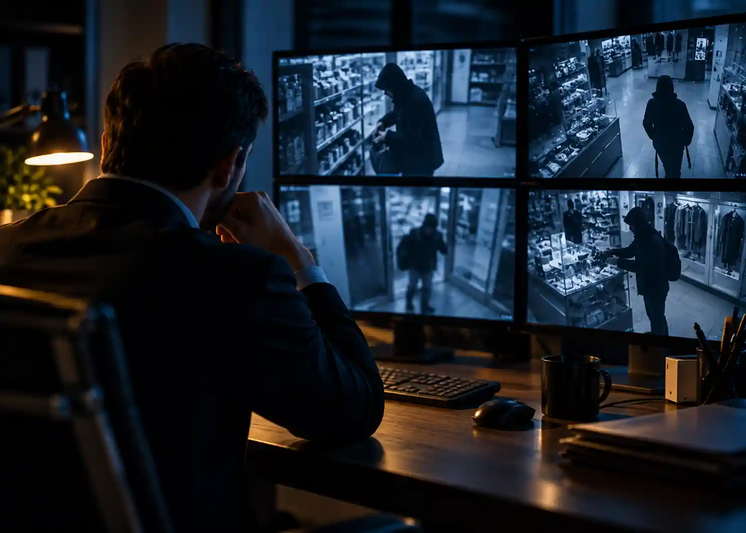 A criminal defence lawyer reviews multiple security camera screens displaying blurred surveillance footage during an investigation involving a suspected breaking and entering incident.