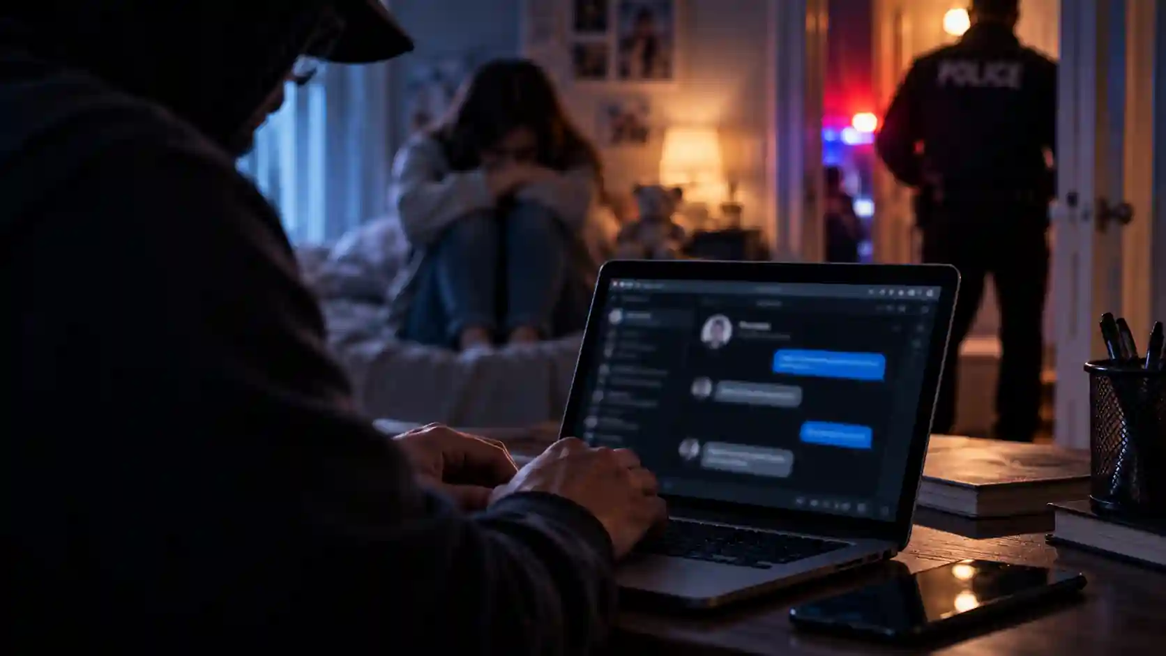 A cinematic, photorealistic scene illustrating the seriousness of an alleged online luring investigation. An adult figure sits at a laptop with a blurred, non-readable chat interface, while a distressed young person is shown indistinctly in the background and a police officer appears near the doorway. Cool blue shadows, warm interior lighting, and subtle red-and-blue emergency reflections create a tense, serious legal atmosphere suitable for a Luring Lawyer Toronto webpage.