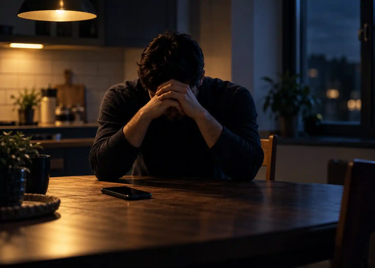 A solitary man sits at a kitchen table late at night with his head lowered and hands clasped, his face concealed in deep shadow. A phone rests face-down on the dark wooden table, reinforcing the sense of uncertainty and isolation. Cool navy-blue shadows contrast with warm antique-gold lighting, creating a serious, restrained atmosphere suited to a Canadian criminal defence law firm. The cinematic composition uses shallow depth of field, rich wood textures, and subtle film grain for a premium editorial look.