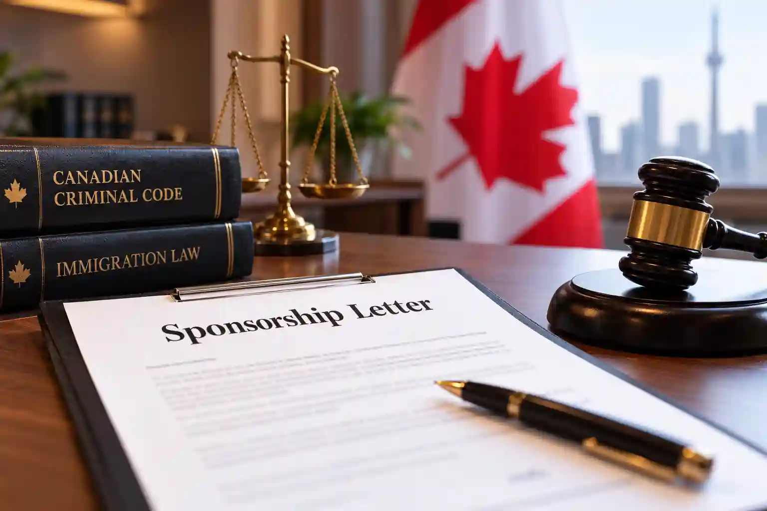 A professional legal-themed scene featuring a “Sponsorship Letter” document on a law office desk, alongside a gavel, scales of justice, Canadian legal books, and a Canadian flag in the background. The image represents the legal meaning and importance of sponsorship letters under Canadian law, with a formal and authoritative atmosphere suitable for a Canadian law firm website.