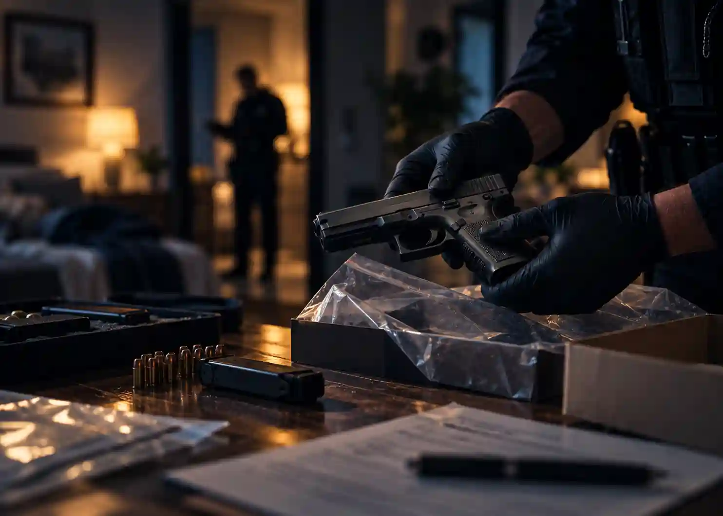 A cinematic, photorealistic evidence scene showing a firearm being carefully handled by gloved hands and placed into a clear evidence bag. Ammunition, a magazine, an evidence box, and case materials rest on a dark wooden table, while a blurred investigator remains in the background. Deep navy shadows and warm antique-gold lighting create a serious, restrained atmosphere suited to a Canadian criminal defence law firm and a page explaining firearm offences under Canadian law.