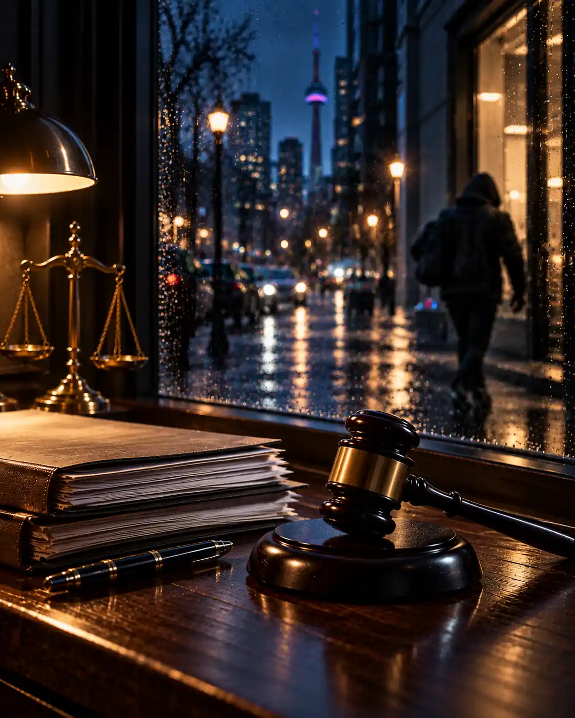 A cinematic nighttime legal scene featuring a rain-streaked city street, a blurred figure in the background, and a polished gavel, case files, and scales of justice in the foreground. Deep navy shadows and warm antique-gold lighting create a serious atmosphere representing robbery allegations, legal guidance, and criminal defence.