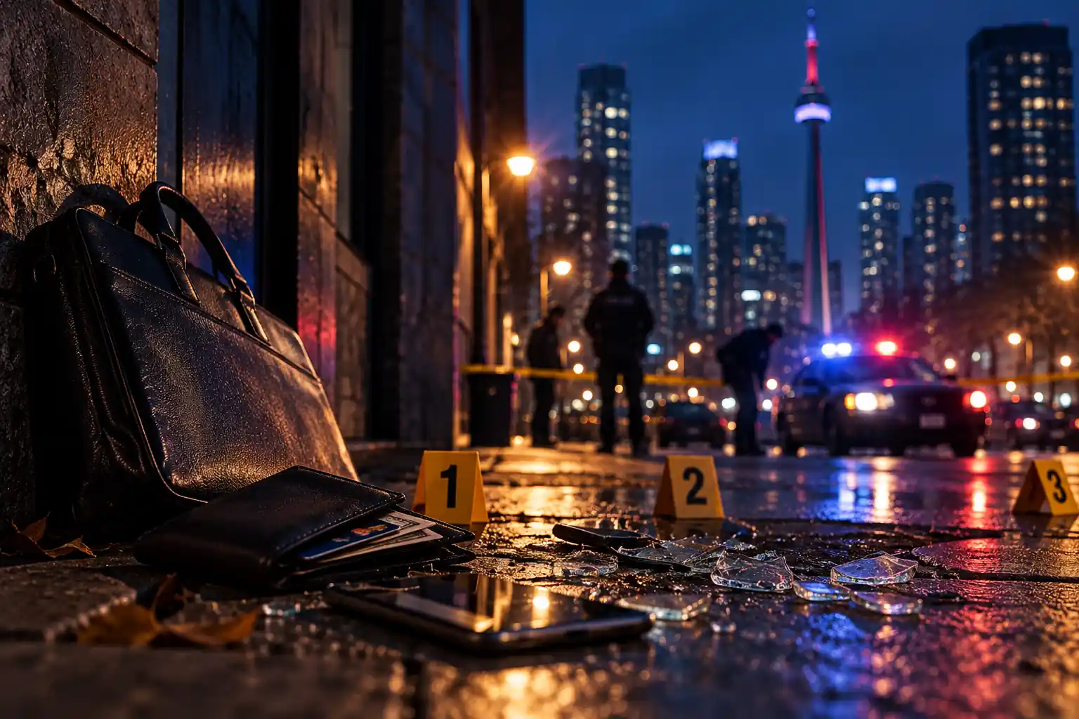A cinematic nighttime Toronto street scene with police activity, evidence markers, personal belongings, and reflective pavement, representing the investigation and evidence considerations involved in a robbery defence case.