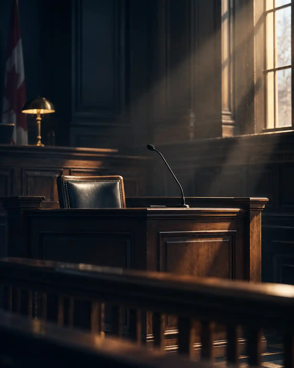 A dramatic, photorealistic courtroom interior representing the seriousness of an assault charge. An empty witness stand with dark polished wood and brass details sits beneath a warm shaft of window light, while deep navy shadows create a solemn, professional atmosphere. Dust particles float through the light, adding cinematic depth. The empty stand symbolizes the uncertainty and potential consequences of facing criminal proceedings, making the image suitable for an Assault Lawyer Toronto | Criminal Assault Defence landing page.