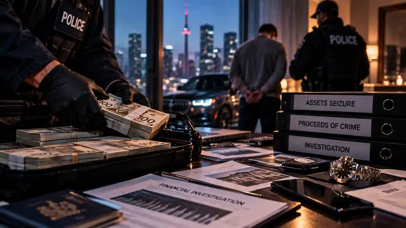 A cinematic, photorealistic scene representing the seriousness of proceeds of crime and financial crime allegations in Toronto. The foreground shows investigators examining Canadian currency, financial documents, electronic devices, and evidence files, while blurred police figures and a restrained individual appear in the background. Warm interior lighting contrasts with deep blue city shadows, with a Toronto skyline visible through the windows. The premium, serious composition is suitable for a Proceeds of Crime Lawyer Toronto | Defence for Financial Crime Charges landing page.