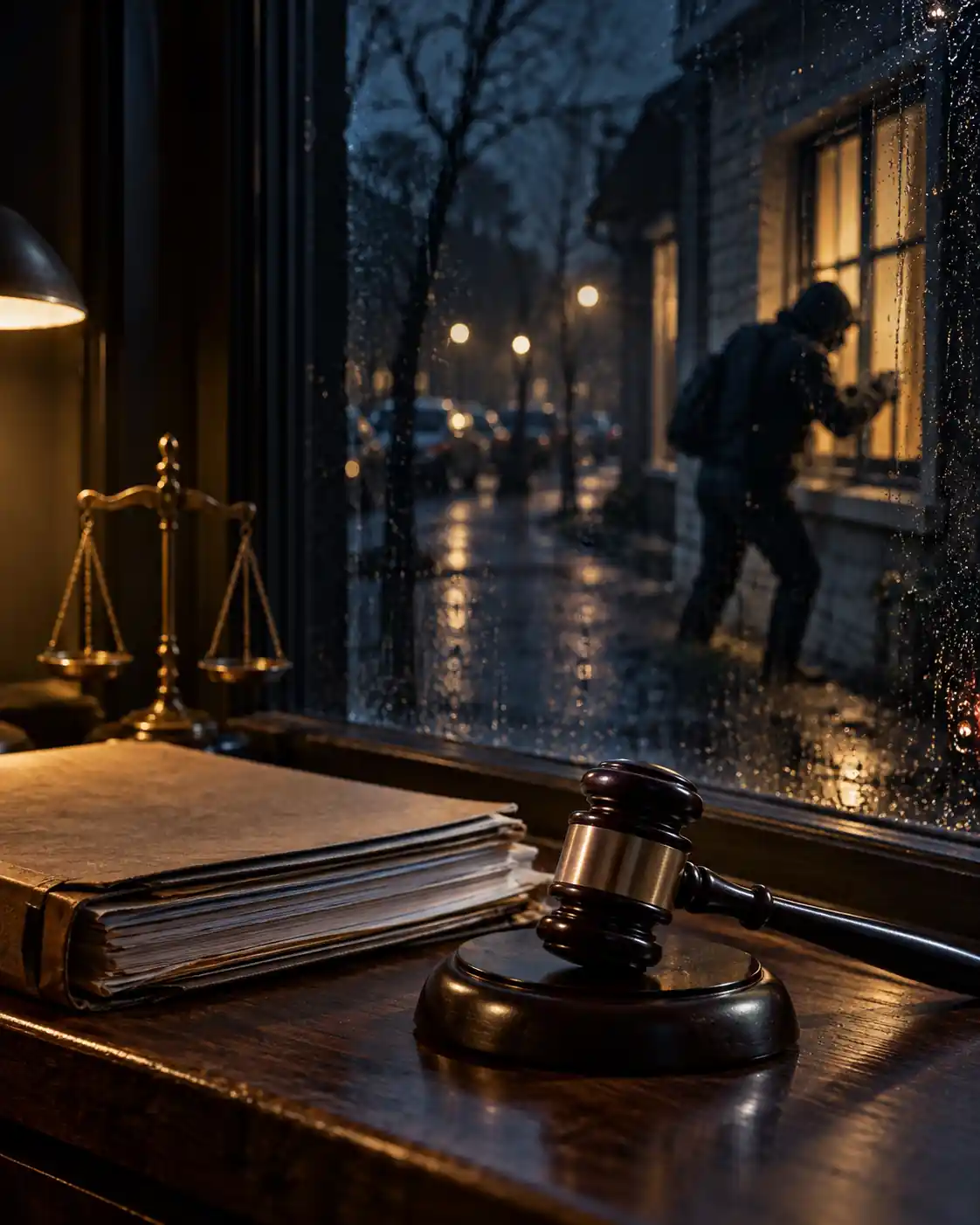 Cinematic nighttime scene featuring legal case files and a judge’s gavel beside a rain-streaked window, representing the serious legal consequences of a breaking and entering charge in Canada.