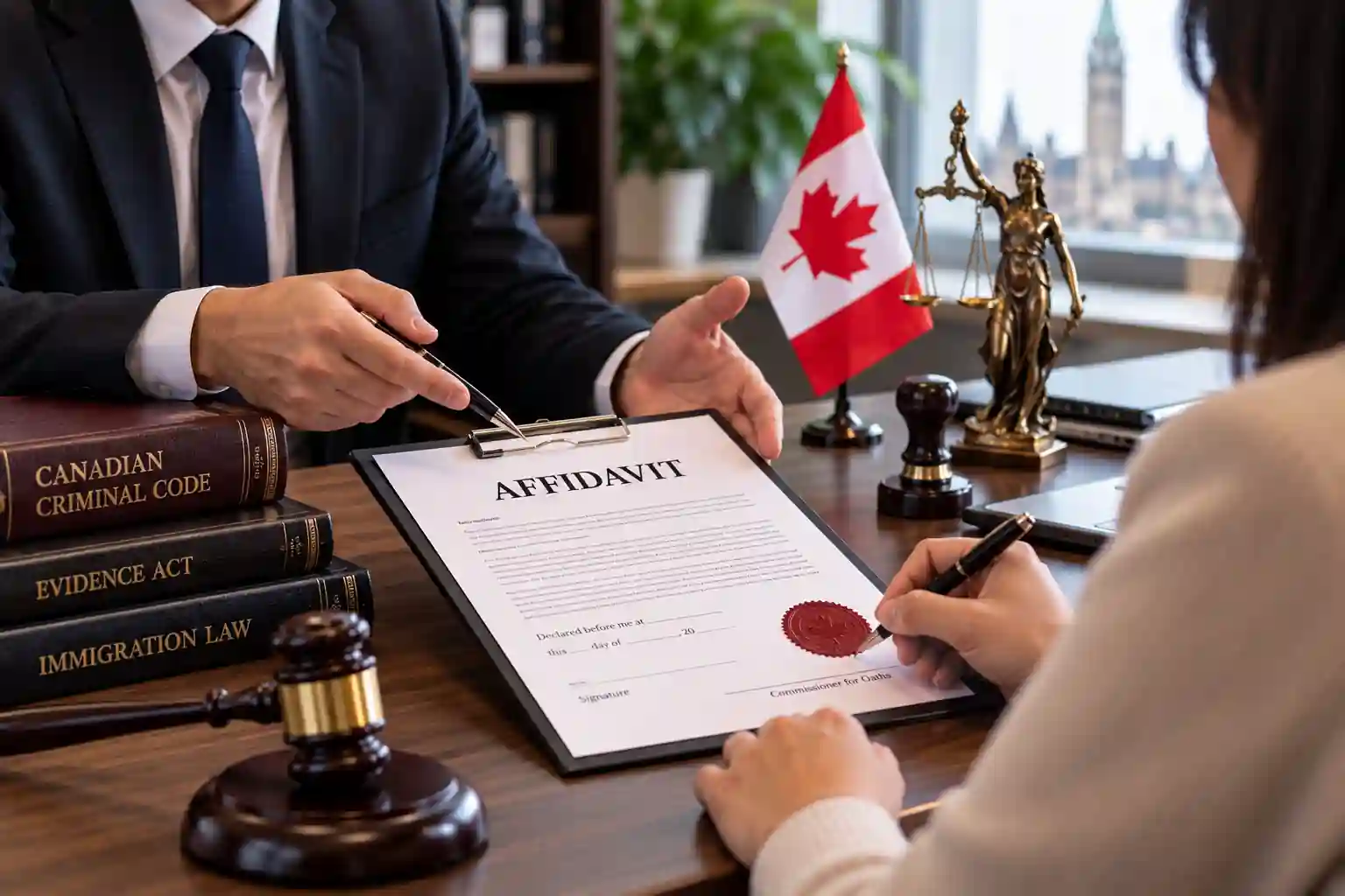 A professional Canadian legal setting showing a lawyer assisting a client with signing an affidavit. The document, commissioner for oaths details, Canadian flag, legal books, gavel, and scales of justice reinforce the formal legal nature of an affidavit and its role as a sworn written statement under Canadian law.