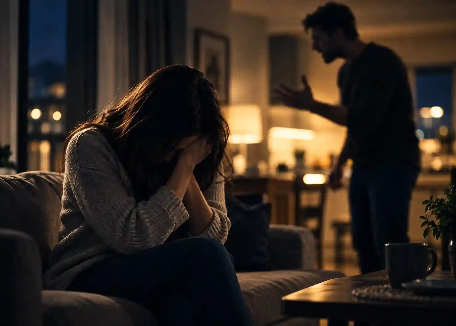 A cinematic, photorealistic interior portraying the seriousness of a domestic assault allegation. A distressed woman sits alone on a sofa with her face lowered and partially concealed, while a blurred figure stands in the background, creating a sense of tension without showing identifiable faces or physical violence. Warm antique-gold household lighting contrasts with deep navy shadows, producing a restrained, serious visual suitable for a Canadian criminal defence law firm.