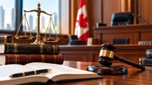 Gavel, law books, and scales of justice in a Canadian courtroom representing the role of a defense attorney