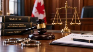 Criminal justice lawyer resources with a judge's gavel, criminal law books, and scales of justice in Canada