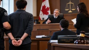 Judge reviewing a bail hearing in an Ontario courtroom with an accused person and criminal defence lawyer.