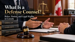 Defense counsel explaining criminal law and legal rights to a client in a Canadian courtroom