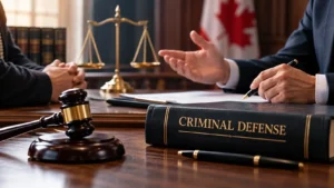 Criminal defense legal consultation with justice scales, a gavel, and law books