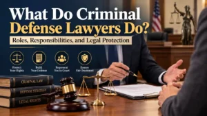 Criminal defense lawyer explaining legal documents to a client in a courtroom setting