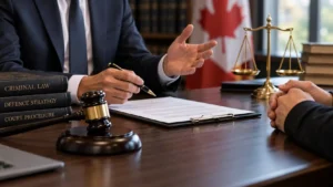 Criminal law attorney discussing legal documents during a client consultation in Canada