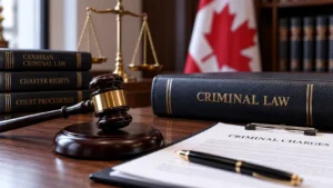 Gavel, Canadian criminal law books, and legal documents on a desk representing criminal defence law in Ontario