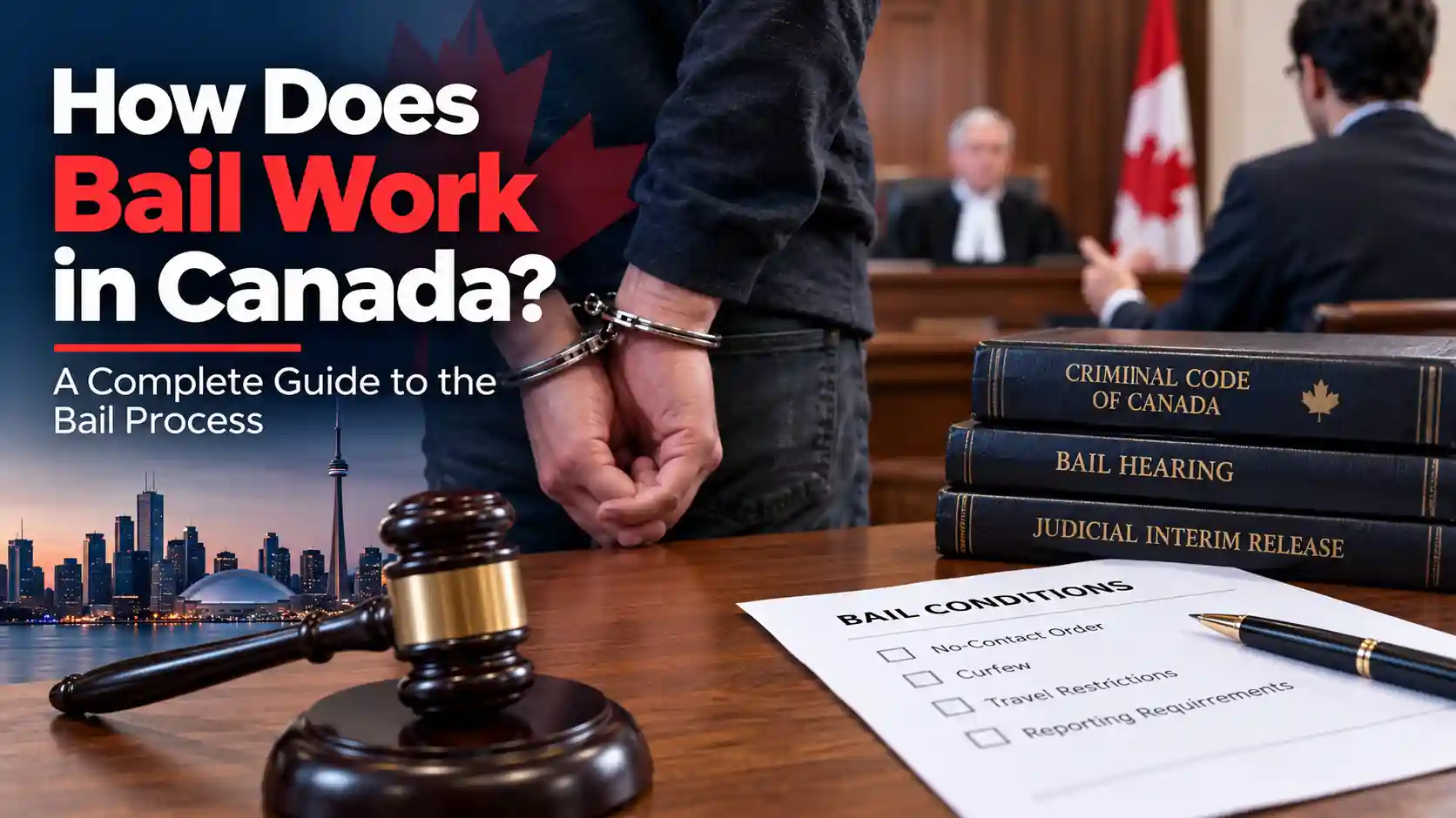 How bail works in Canada showing a courtroom, handcuffed accused person, Canadian Criminal Code, and bail conditions.