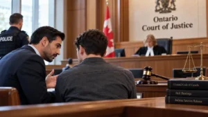 Ontario bail hearing with a criminal defence lawyer advising an accused person