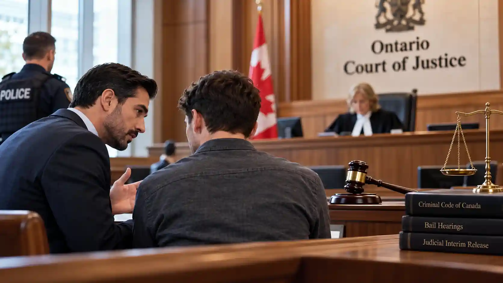 Ontario bail hearing with a criminal defence lawyer advising an accused person