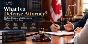 Defense attorney discussing criminal law documents with a client, with a gavel and Canadian law books on a desk